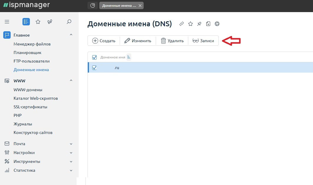 Управление доменными именами в ispmanager